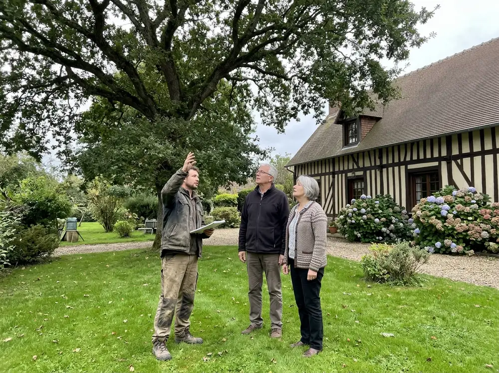 L'élagueur explique les travaux à un propriétaire devant l'arbre