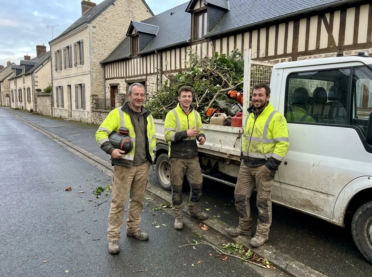 L'équipe d'élagueurs devant le camion chargé de branches